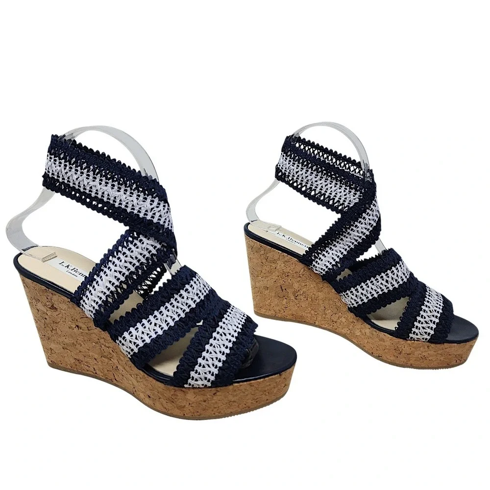 LK‎ Bennett Cork Wedge Sandals 38 7 Womens Navy Blue White Striped Crochet Spain